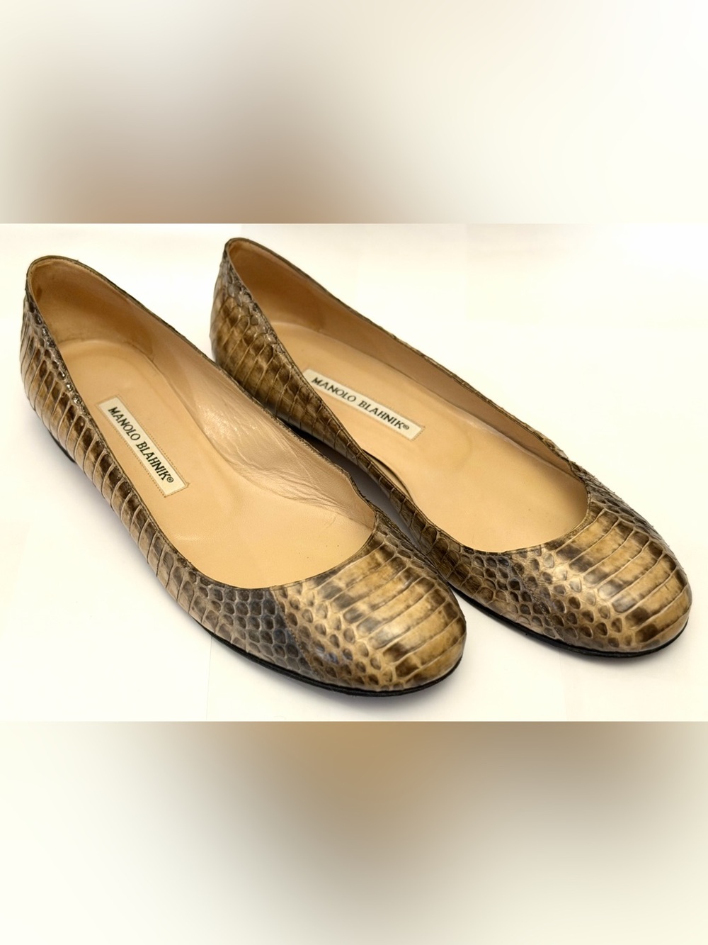 Manolo Blahnik $495 Python Ballerina Flats, size 37.5